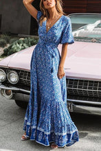 Load image into Gallery viewer, Blue Boho Floral Print Short Sleeve Maxi Dress
