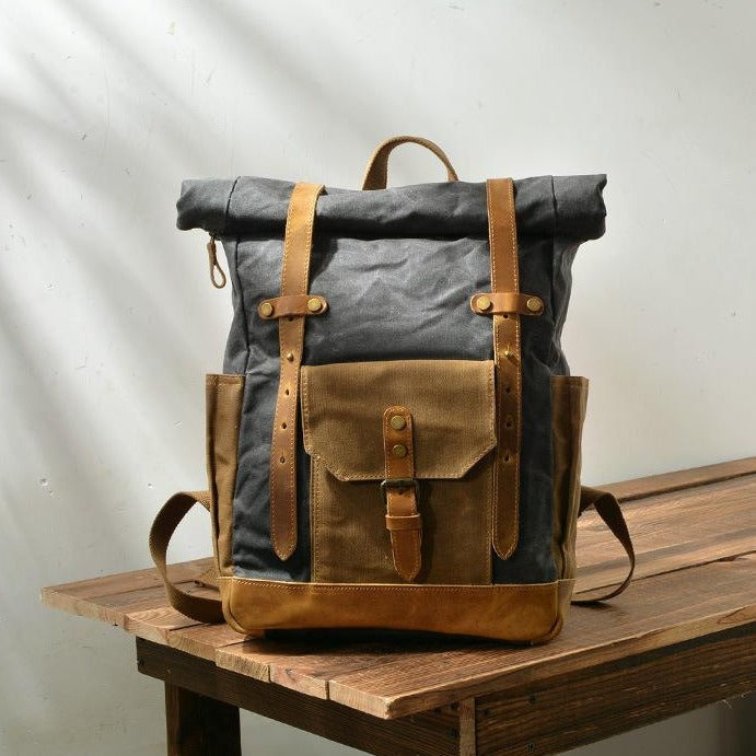 Waterproof College Weekend Travel Laptops Waxed Canvas Leather Roll top Backpack