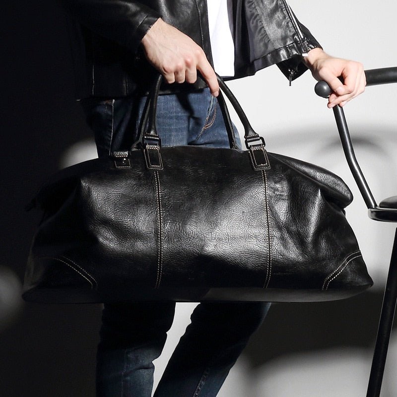 Black Full Grain Travel Weekender Duffel Bag for Men