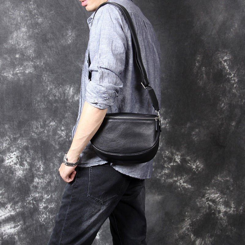 Black Leather Crossbody Sling Bag for Men