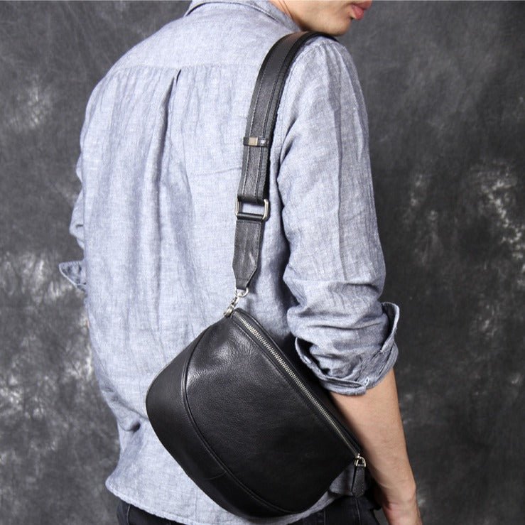 Black Leather Crossbody Sling Bag for Men