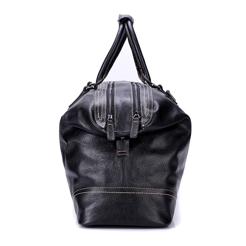 Black Full Grain Travel Weekender Duffel Bag for Men
