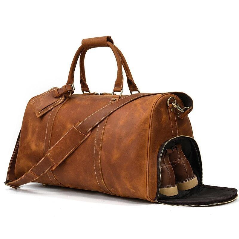 Travel Weekender Leather Duffel Bag With Shoe Pocket