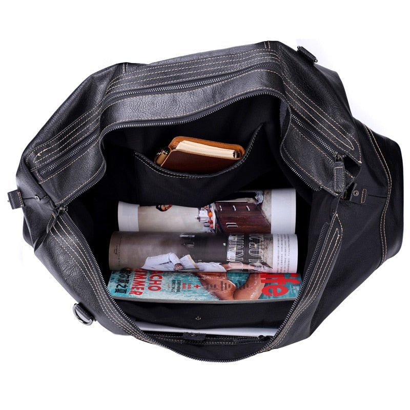 Black Full Grain Travel Weekender Duffel Bag for Men