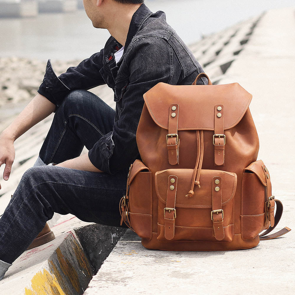 Dark Coffee Leather Full Grain School Backpack
