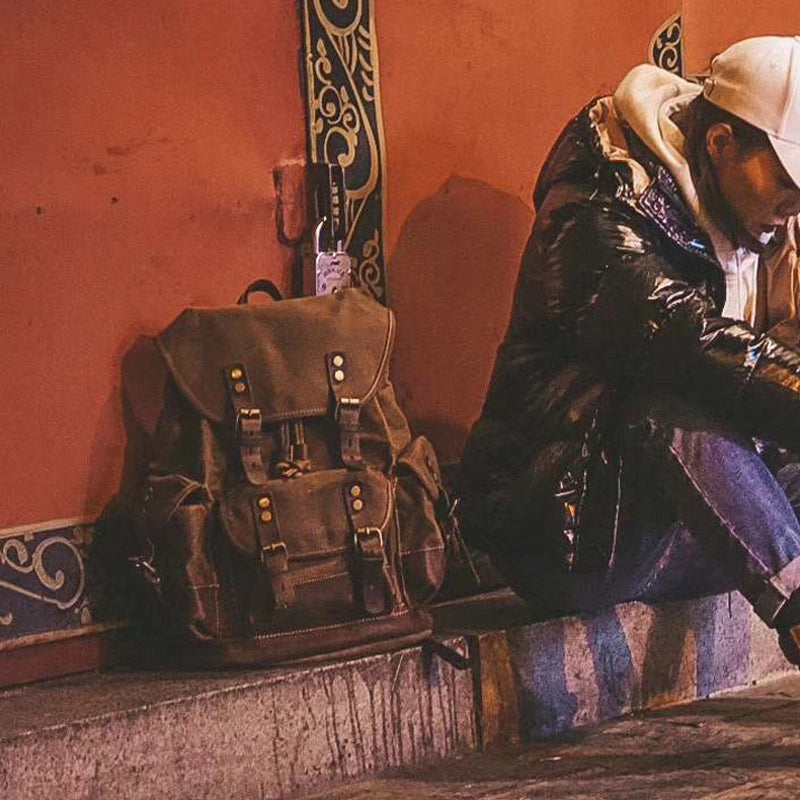 Vintage Canvas Backpack Waterproof Traveling Hiking Rucksack