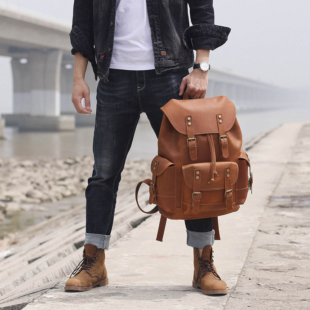 Dark Coffee Leather Full Grain School Backpack