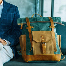 Load image into Gallery viewer, Waterproof College Weekend Travel Laptops Waxed Canvas Leather Roll top Backpack
