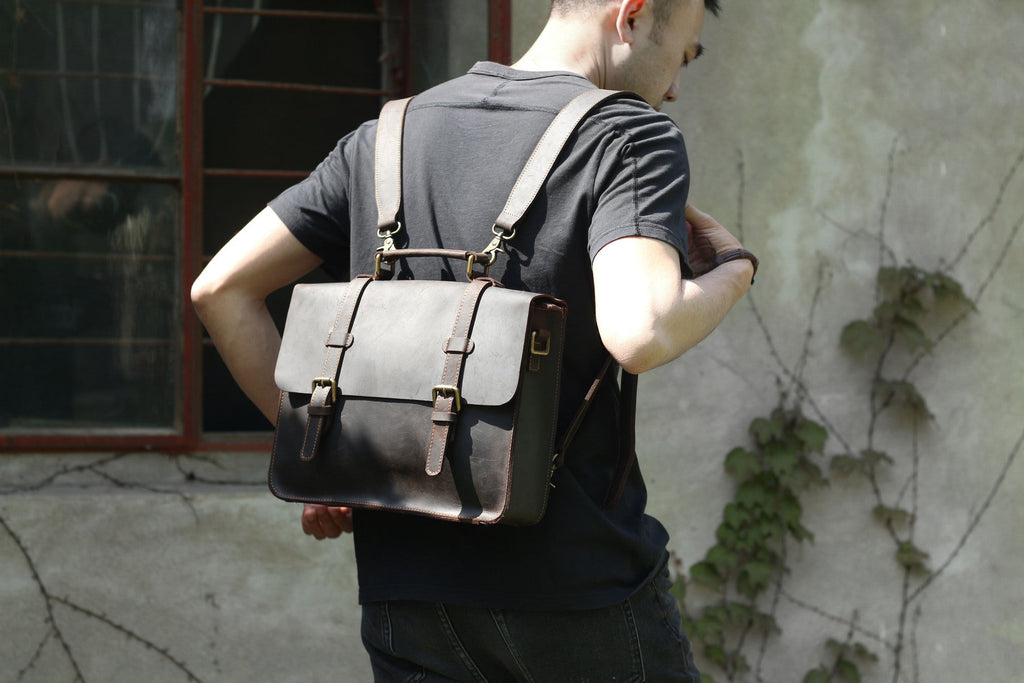 Coffee Leather Laptop Shoulder Bag