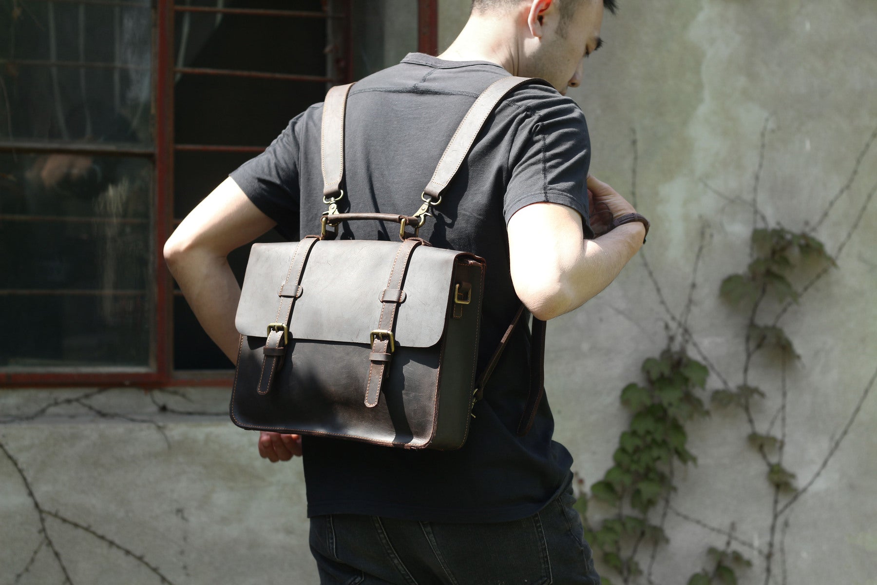 Coffee Leather Laptop Shoulder Bag
