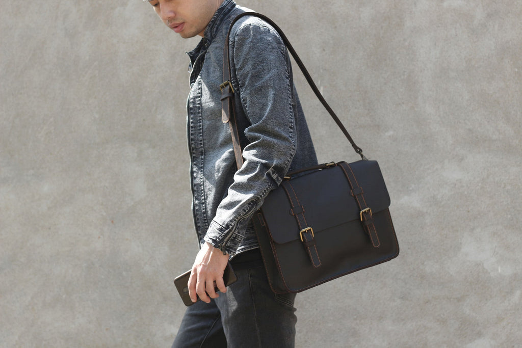 Coffee Leather Laptop Shoulder Bag