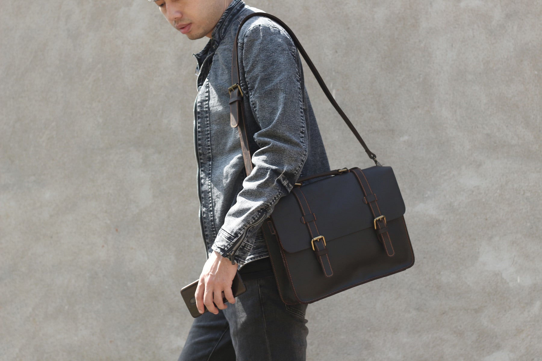 Coffee Leather Laptop Shoulder Bag