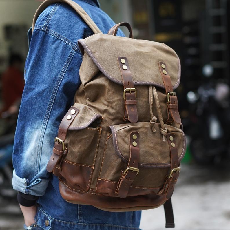 Vintage Canvas Backpack Waterproof Traveling Hiking Rucksack