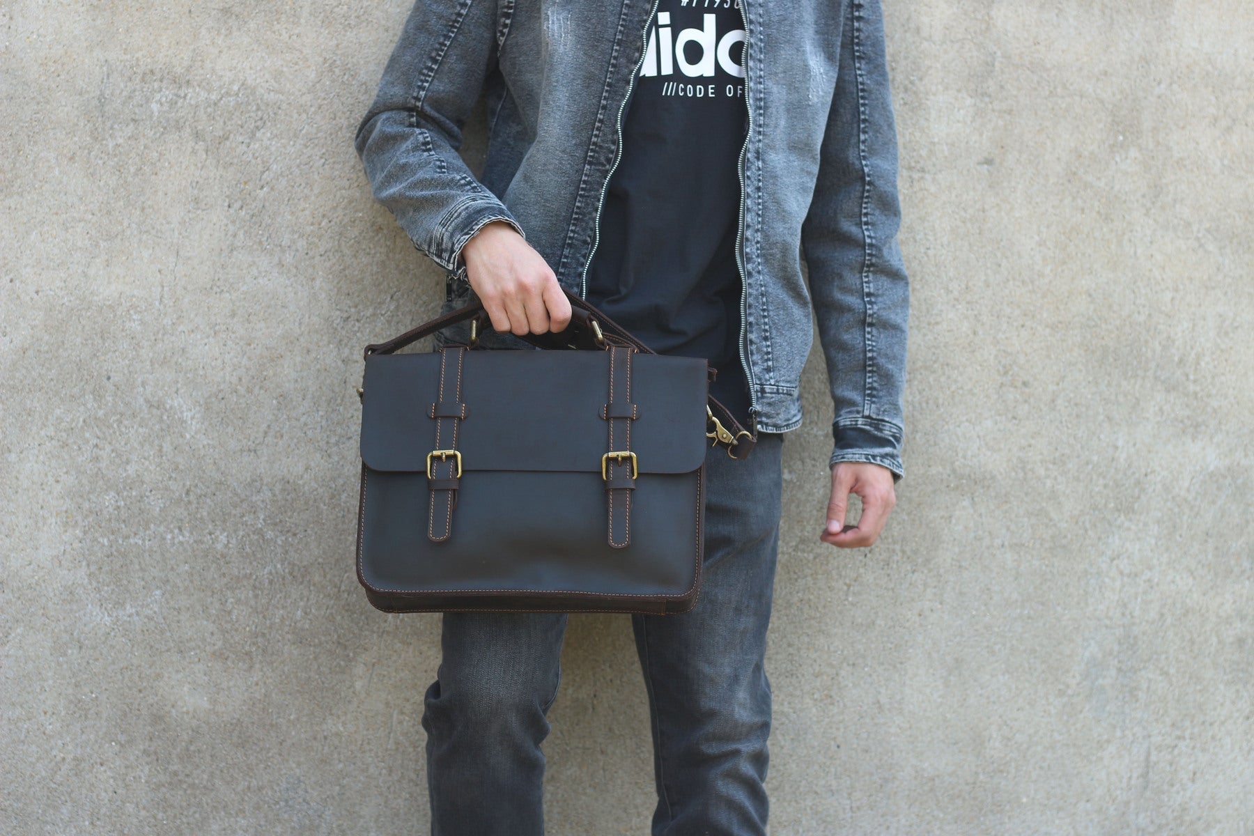 Coffee Leather Laptop Shoulder Bag