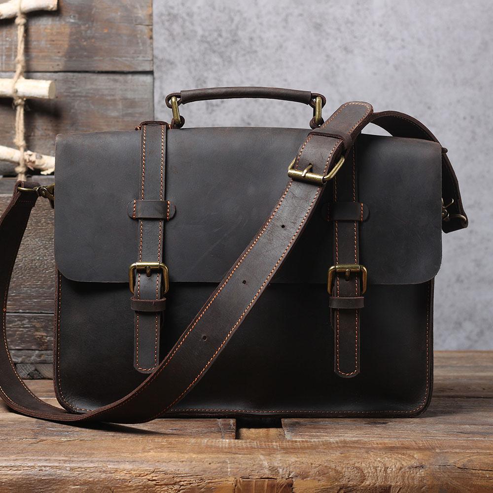 Coffee Leather Laptop Shoulder Bag