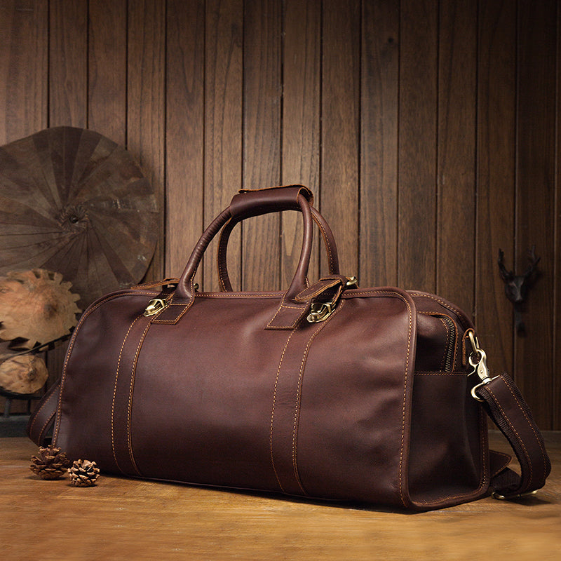 Coffee Full Grain Leather Travel Duffle Weekend Bag