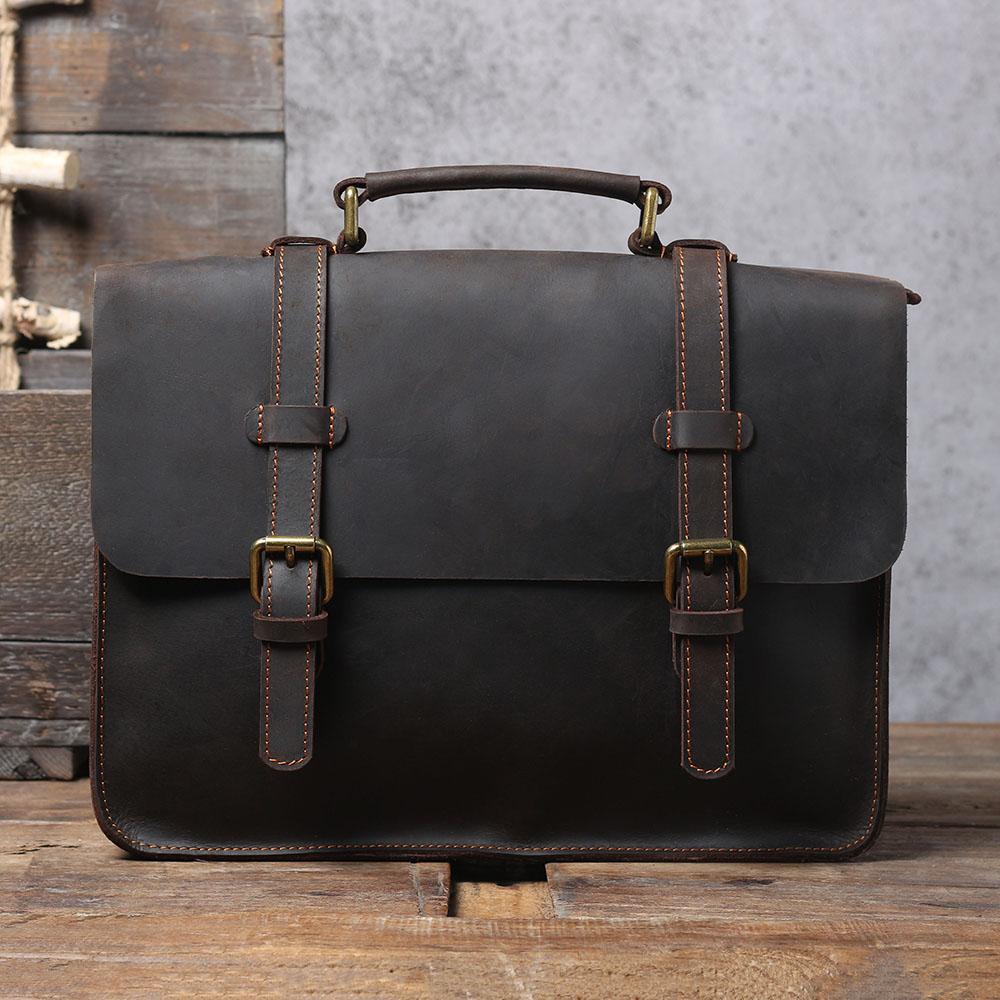 Coffee Leather Laptop Shoulder Bag