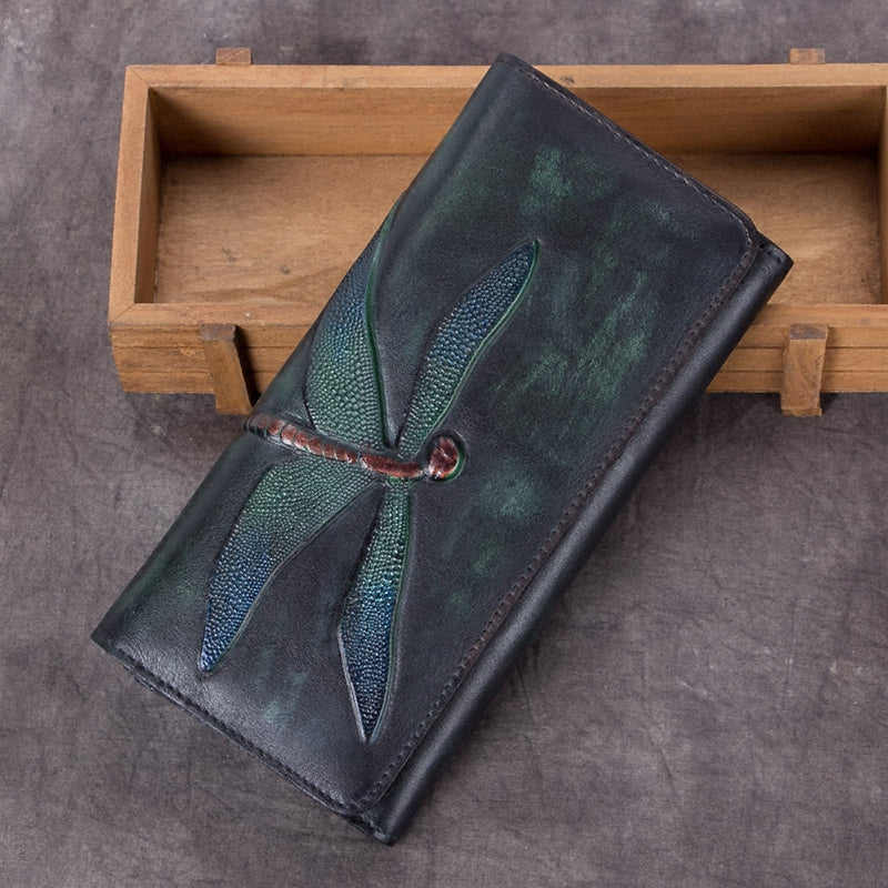 Womens Leather Wallet Purse Drangonfly Embossed Clutch Wallets for Women