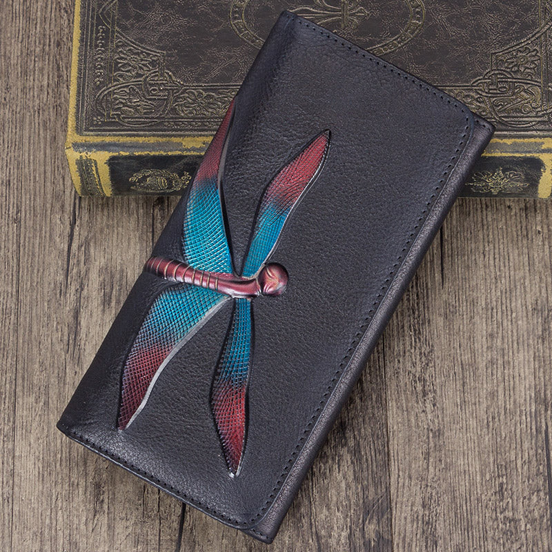 Personalized Wallet Womens Leather Wallet Purse Drangonfly Embossed Clutch Wallets for Women