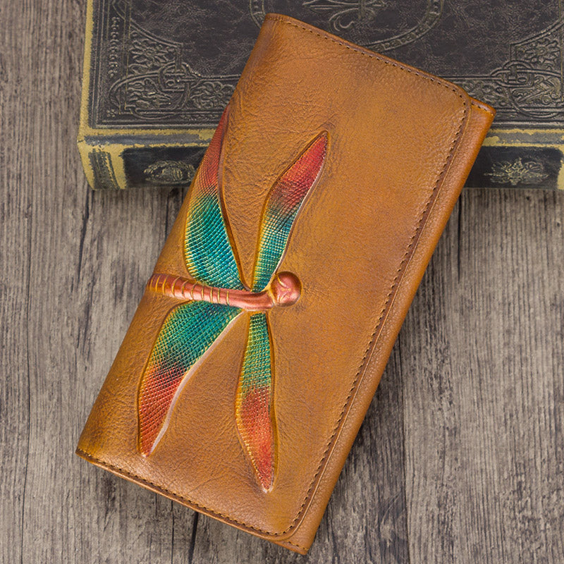 Personalized Wallet Womens Leather Wallet Purse Drangonfly Embossed Clutch Wallets for Women