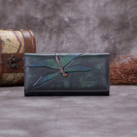 Womens Leather Wallet Purse Drangonfly Embossed Clutch Wallets for Women