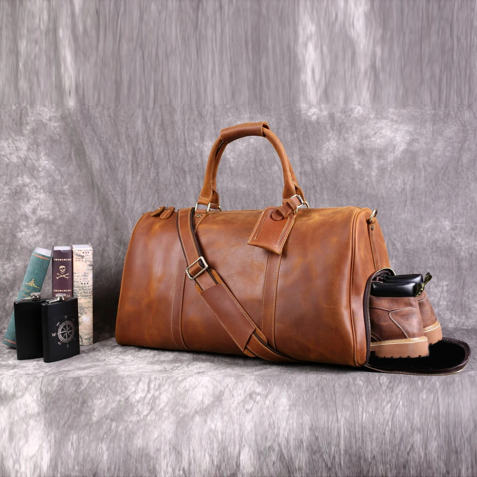 Full Grain Leather Duffle Bag With Shoe Compartment Mens Travel Bag