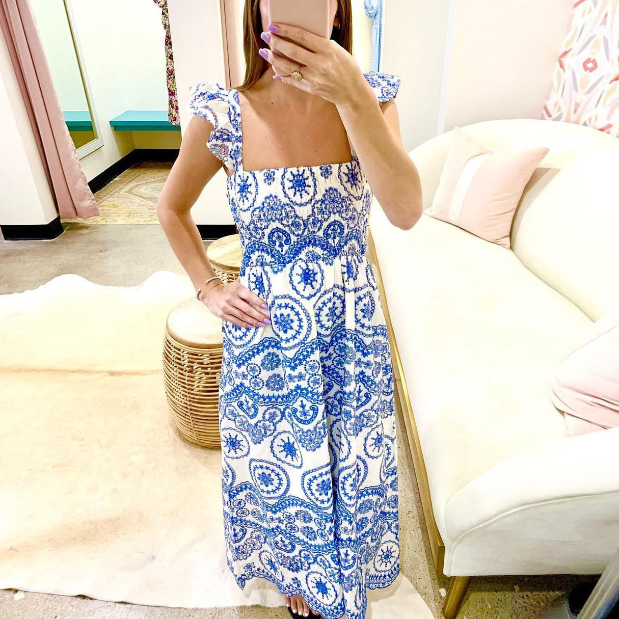 Blue Embroidery Hollow Out Midi Dress