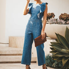 Load image into Gallery viewer, Blue Ruffled Lace-up Denim Jumpsuit
