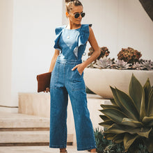 Load image into Gallery viewer, Blue Ruffled Lace-up Denim Jumpsuit
