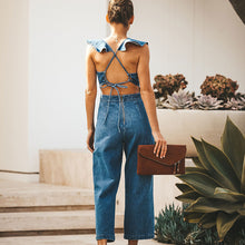 Load image into Gallery viewer, Blue Ruffled Lace-up Denim Jumpsuit
