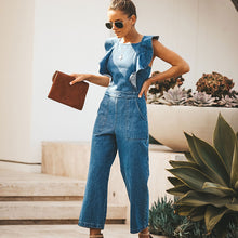 Load image into Gallery viewer, Blue Ruffled Lace-up Denim Jumpsuit
