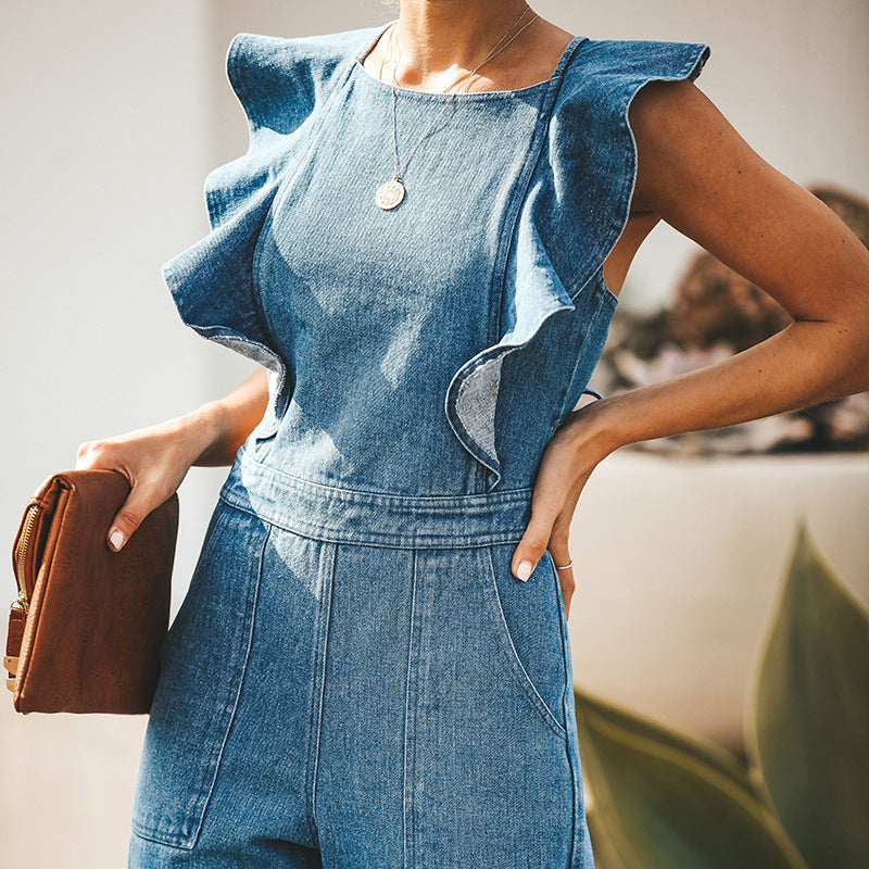 Blue Ruffled Lace-up Denim Jumpsuit