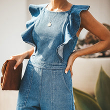 Load image into Gallery viewer, Blue Ruffled Lace-up Denim Jumpsuit
