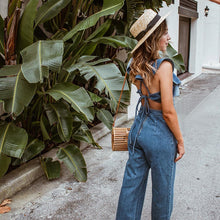 Load image into Gallery viewer, Blue Ruffled Lace-up Denim Jumpsuit
