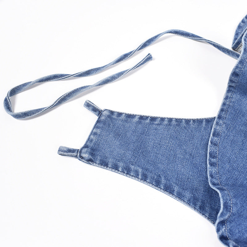 Blue Ruffled Lace-up Denim Jumpsuit