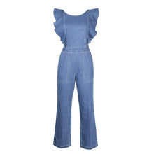 Load image into Gallery viewer, Blue Ruffled Lace-up Denim Jumpsuit
