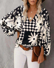 Load image into Gallery viewer, Black and White V-neck Puff Sleeve Floral Top
