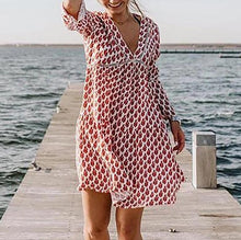 Load image into Gallery viewer, Red V-neck 3/4 Sleeves Print Mini Dress
