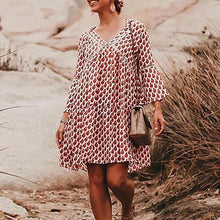 Load image into Gallery viewer, Red V-neck 3/4 Sleeves Print Mini Dress
