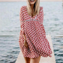 Load image into Gallery viewer, Red V-neck 3/4 Sleeves Print Mini Dress
