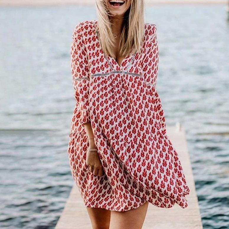 Red V-neck 3/4 Sleeves Print Mini Dress