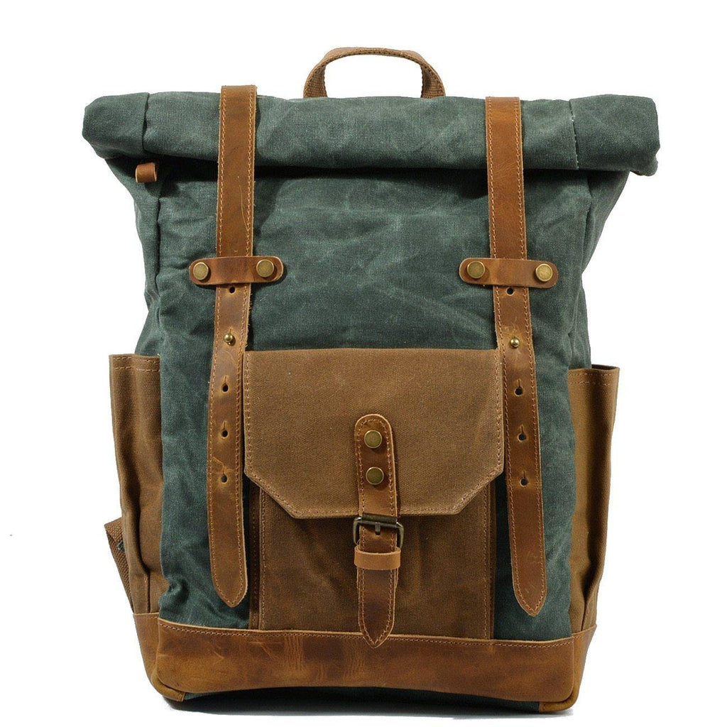 Waterproof College Weekend Travel Laptops Waxed Canvas Leather Roll top Backpack