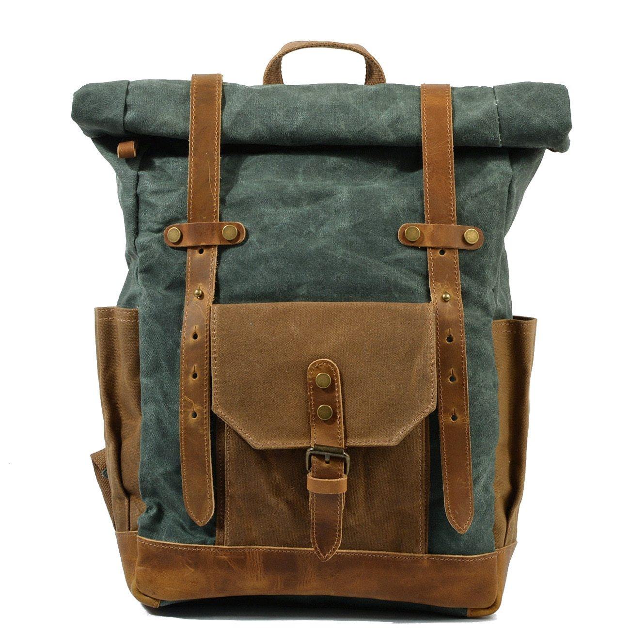 Waterproof College Weekend Travel Laptops Waxed Canvas Leather Roll top Backpack