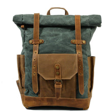 Load image into Gallery viewer, Waterproof College Weekend Travel Laptops Waxed Canvas Leather Roll top Backpack
