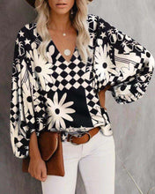 Load image into Gallery viewer, Black and White V-neck Puff Sleeve Floral Top
