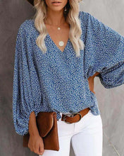 Load image into Gallery viewer, V-neck Puff Sleeve Floral Top Blue
