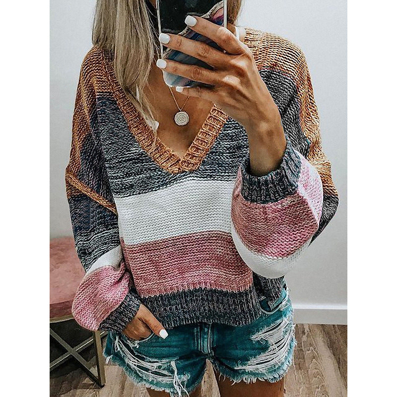 Multicolor  V-neck Long Sleeve Sweater