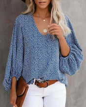 Load image into Gallery viewer, V-neck Puff Sleeve Floral Top Blue
