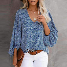Load image into Gallery viewer, V-neck Puff Sleeve Floral Top Blue
