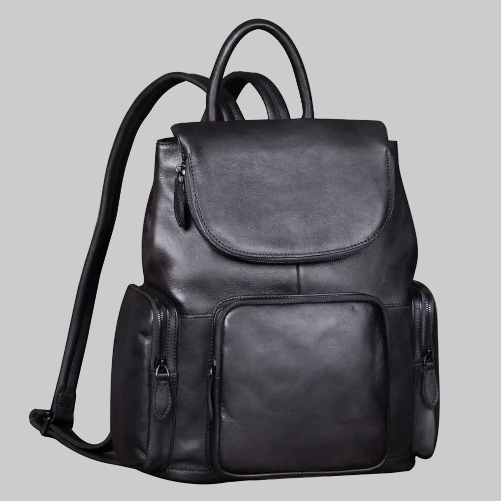 Black leather backpack on a white background